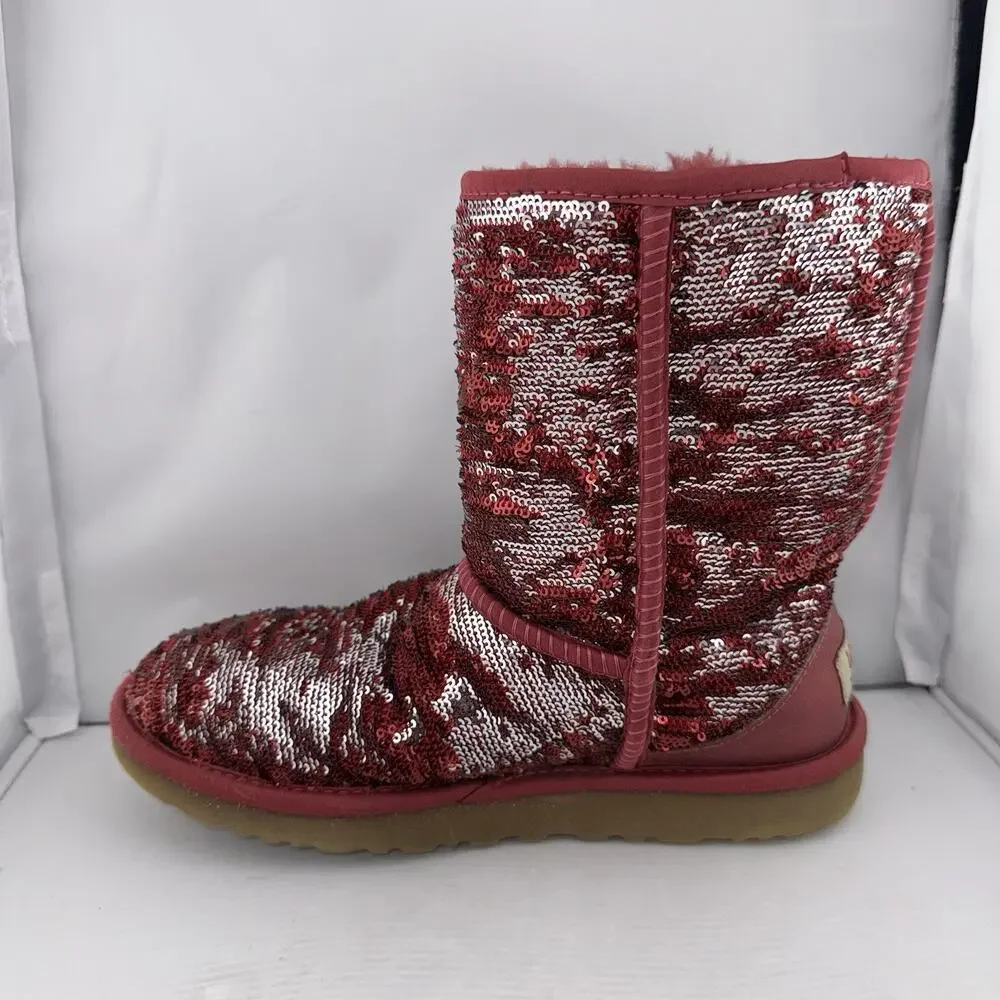 Ugg‎ Australia Women's Red And Silver Sequin Short Boot SN 1003121 US 7